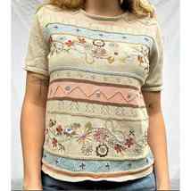 Alfred Dunner Embroidered Short Slv Sweater Knit Top Beige Ramie Women Petite PM - £19.80 GBP