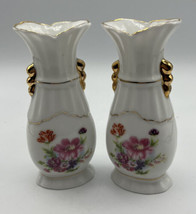 Vase  2 Hand Painted Gold Leaf Trim Handle Flowers Shades of Pink Japan 4.75x - £26.16 GBP