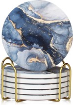 6 Pcs Navy Blue Marble Abstract Ceramic Coasters With Holder Best Absorbent - $35.99