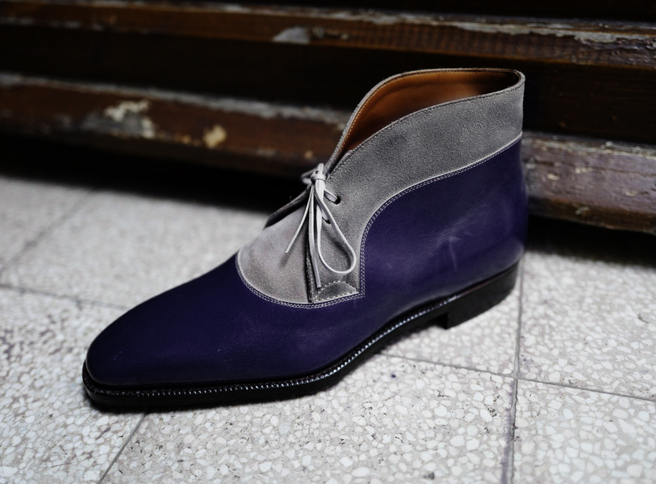 Men Two Tone Gray Purple Suede Chukka Lace Up Real Leather Ankle Boot US 7-16