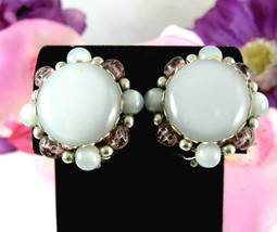 STAR Gray Moonglow &amp; Purple Clip On EARRINGS Vintage Thermoset Silvertone Round - $16.82