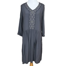 Garnet Hill Dress 6 Gray Embroidered Boho Pockets 3/4 Sleeve A-Line Pleated - £27.96 GBP