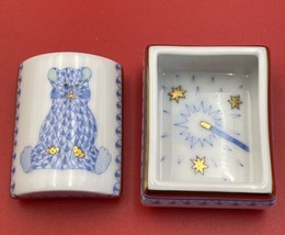 Herend Hungary Hand Painted Blue Fishnet Teddy Bear Tooth Fairy Trinket Box - £133.52 GBP