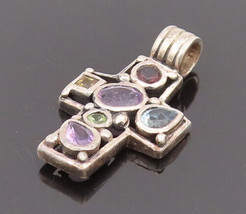 925 Silver - Vintage Multi Gemstone Soap Bubble Pattern Cross Pendant - PT22156 - $38.22