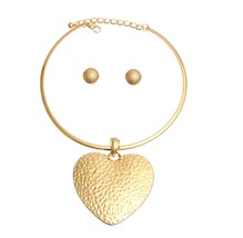 Gold Plated Hammered Heart Pendant Rigid Choker Drop Fashion Necklace Se... - $39.20