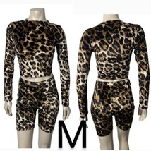 Leopard Print Velvet Long Sleeve Crop Top &amp; High Rise Biker Shorts Two... - $35.53