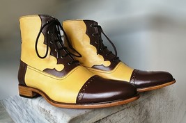 Handmade High Ankle Boots Two Tone Cap Toe Lace Up Leather Boots - £119.89 GBP