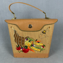 Vintage Purse Canvas Wood Vinyl Cornucopia Embroidered Tote 60’s Kitsch - £30.75 GBP