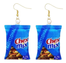 Chex Mix Earrings Chip Snack Bag Dangle Jewelry Acrylic Cute Food Blue - $8.79