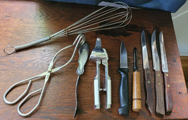 Vintage Lot of 9 Kitchen Gadgets Knives Garlic Press Tongs Ecko 1881 Rog... - $29.99