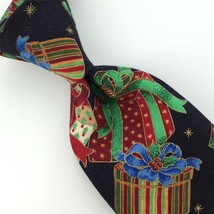 Vintage GIFTS STARS Christmas Cotton Handmade 70s Necktie Neck Tie #XO-442 - £23.80 GBP