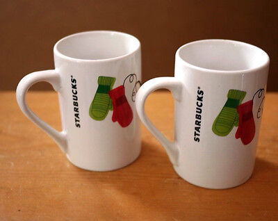 Primary image for Pair 2 STARBUCKS 2011 Holiday White Coffee Mug Cup Red Green Mittens Bird 10 oz