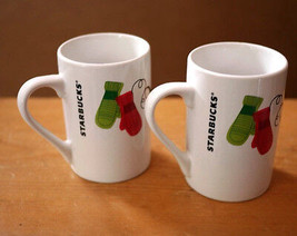 Pair 2 STARBUCKS 2011 Holiday White Coffee Mug Cup Red Green Mittens Bir... - $19.99