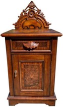 Victorian Nightstand Carved Mahogany, Burl Inlay Wood, 1-Door 1-Drawer - £928.65 GBP
