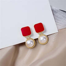 Red Enamel &amp; Pearl 18K Gold-Plated Square Ball Drop Earrings - £10.38 GBP