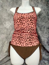 Hapari Tankini Sz Med Orange Brown Cheetah Swimsuit Side Tie Brown Bottoms Sz L - £23.63 GBP