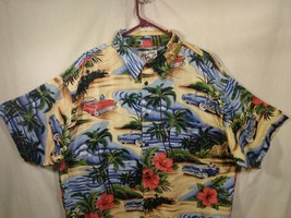 Big Dogs Hawaiian Shirt Mens Large Rayon Classic Car Hot Rod Hibiscus Palm Trees - £21.67 GBP