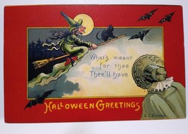 Halloween Postcard Fantasy Witch On Broom Black Cat Bats EC Banks Albert Wilson - £73.58 GBP