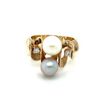 Pearl Solitaire &amp; Diamond Ring REAL Solid 14 K Yellow Gold 8.5 g Size 9.5 - £931.17 GBP