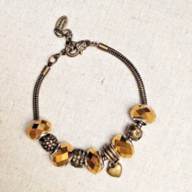 Heart Charm Antiqued Bronze Tone Faceted  Beads Beaded Bracelet Charmed Feelings - £7.80 GBP