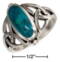 Sterling Silver Ring Oval Simulated Chrysocolla Ring with Celtic Trinity Knots - £45.54 GBP+