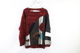 Vintage 70s Womens Medium Mid Century Modern Abstract Knit Crewneck Sweater - £38.75 GBP