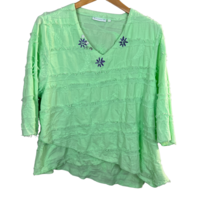 Lulu B Top XL Green Embroidered Asymmetrical Hem 3/4 Sleeve V-Neck Artsy Womens - £27.96 GBP