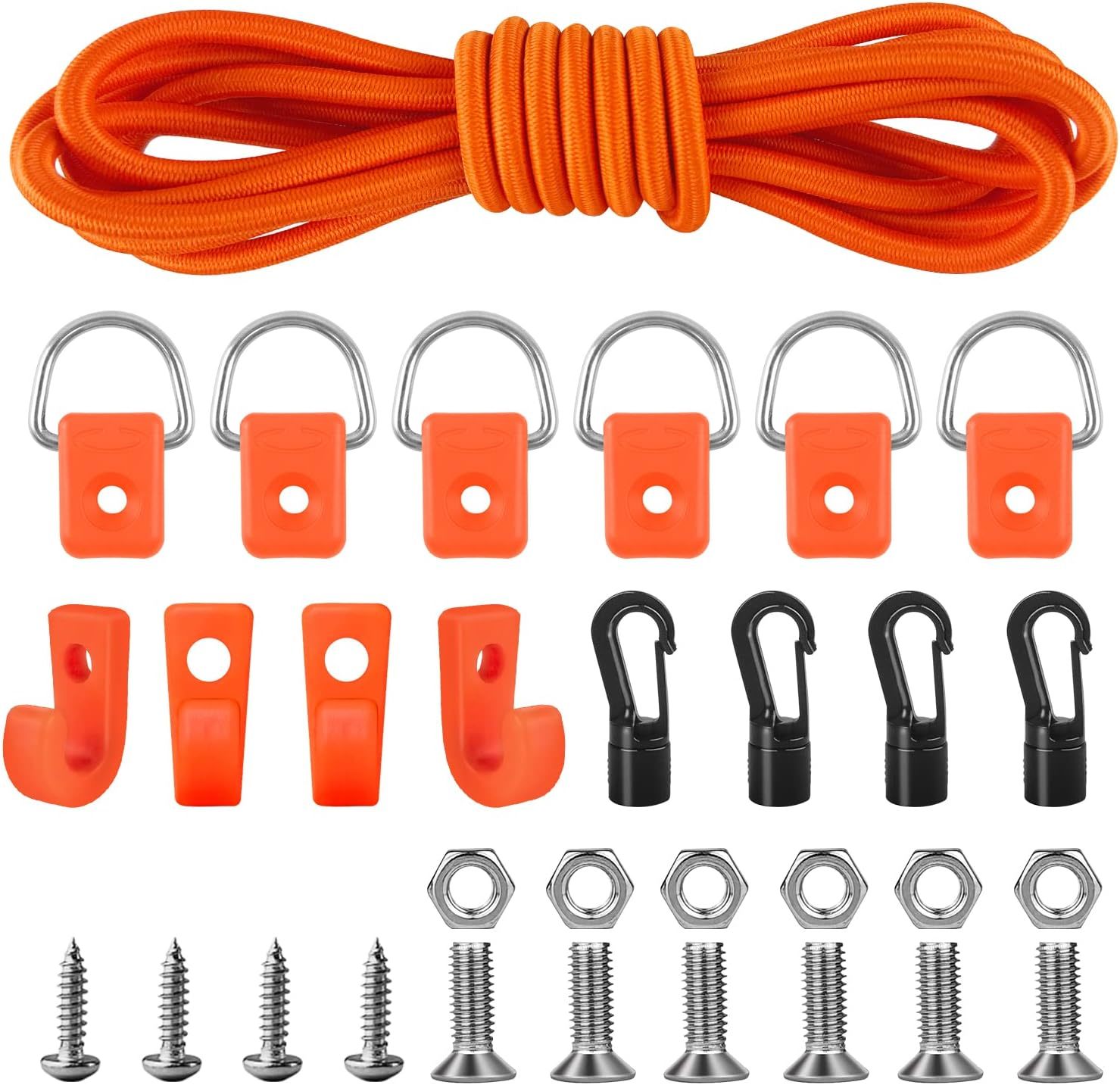 The 1/4&quot; 9.8&#39; Bungee Cord With 6 D Rings, 4 J Hooks, Tie Down Hooks, And 4 - $29.96