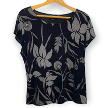 VTG Briggs Women&#39;s Black Beige Cling Top Short Sleeve Large Floral Y2K - $273.69 MXN