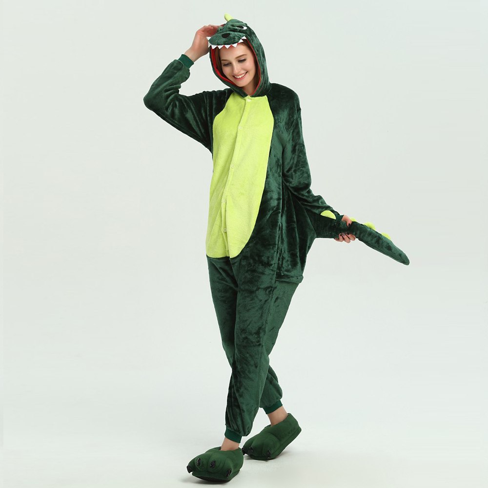 Adult Kigurumi Animal Onesies Jumpsuit Costume Pajamas Sleepwear Green Dinosaur