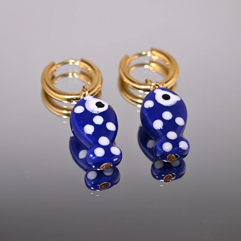 Ceramic Fish Pendant Golden Stainless Steel Hoop Earrings for Women 25xh... - $5.16