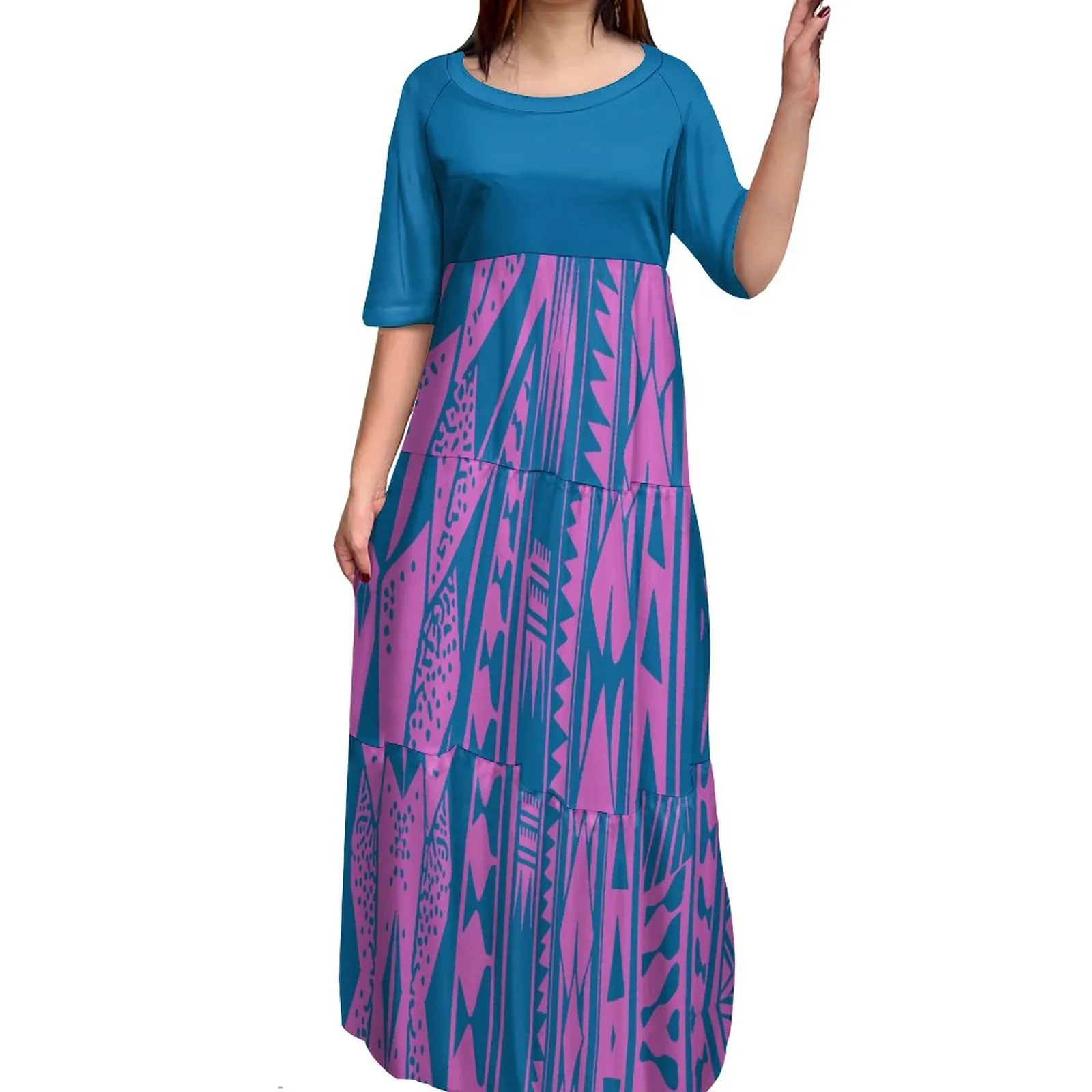 Anti-Wrinkle 8xl Polynesian Milk Silk O-Neck Tiered Dress Hot Selling Pacific Is - £96.83 GBP