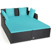 Spacious Outdoor Rattan Daybed with Upholstered Cushions and Pillows-Turquoise - - $5,672.81 MXN