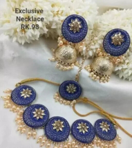 Joharibazar GoldPlated Kundan Blue Necklace Earring Ramdan Jewelry Choker Set - £21.40 GBP