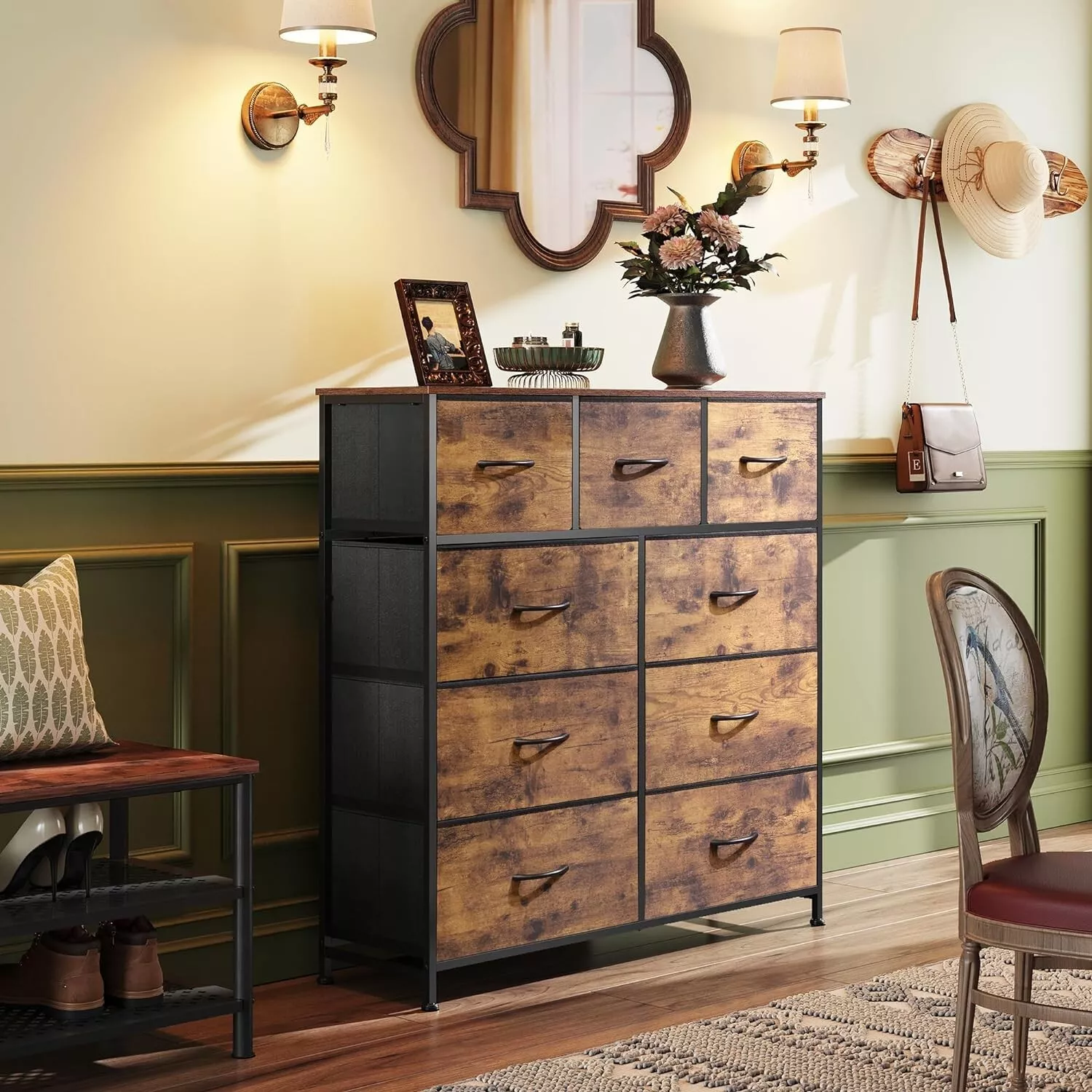 Rustic Wood Tone 9 Drawer Dresser Storage Tower: Efficient Bedroom Organizer - £57.85 GBP