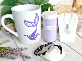 BEACH GIFT SET Custom Purple Mermaid Tail Coffee Cup, Lilac Beach Glass Necklace - $29.20