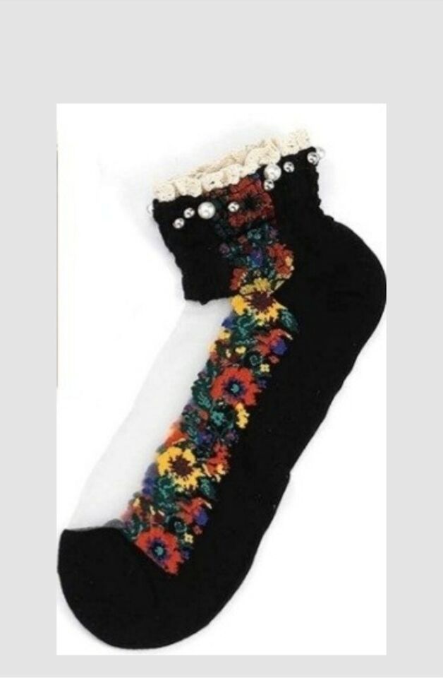 Handcrafted ~ Black ~ Embellished w/Pearls ~ Lace ~ Floral Design ~ Ankl... - $14.96