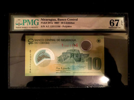 Nicaragua 10 Cordobas P201a 2007 PMG 67 EPQ s/n A/1 13311146 Polymer Ban... - $45.50