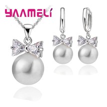 925 Silver  Hoop Earrings Necklace Bowknot Crystal Jewelry Set For Women Girls W - £17.53 GBP