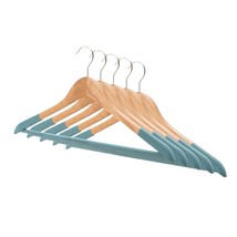 Blue-Green Soild Wooden Hangers,Strong And Sturdy- Set Of 5 | Non-Slip Octagonal - £39.37 GBP