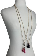 Gold Tone Chain Lot 2 Tassel Necklaces 36&quot; Long Tunic Length Layering Pink Gray - £15.12 GBP