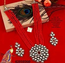 Pendant Red Kundan Jewelry Set Mala Haar Necklace Long Earrings Ethnic Traditona - £19.34 GBP