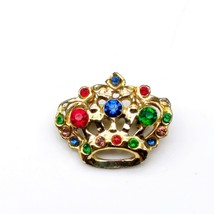 Colorful Crown Brooch, Vintage Gold Tone and Multi Color Crystals Lapel Pin - £20.10 GBP