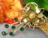 Vintage flower green rhinestone pearl heart brooch pin open work petal thumb155 crop