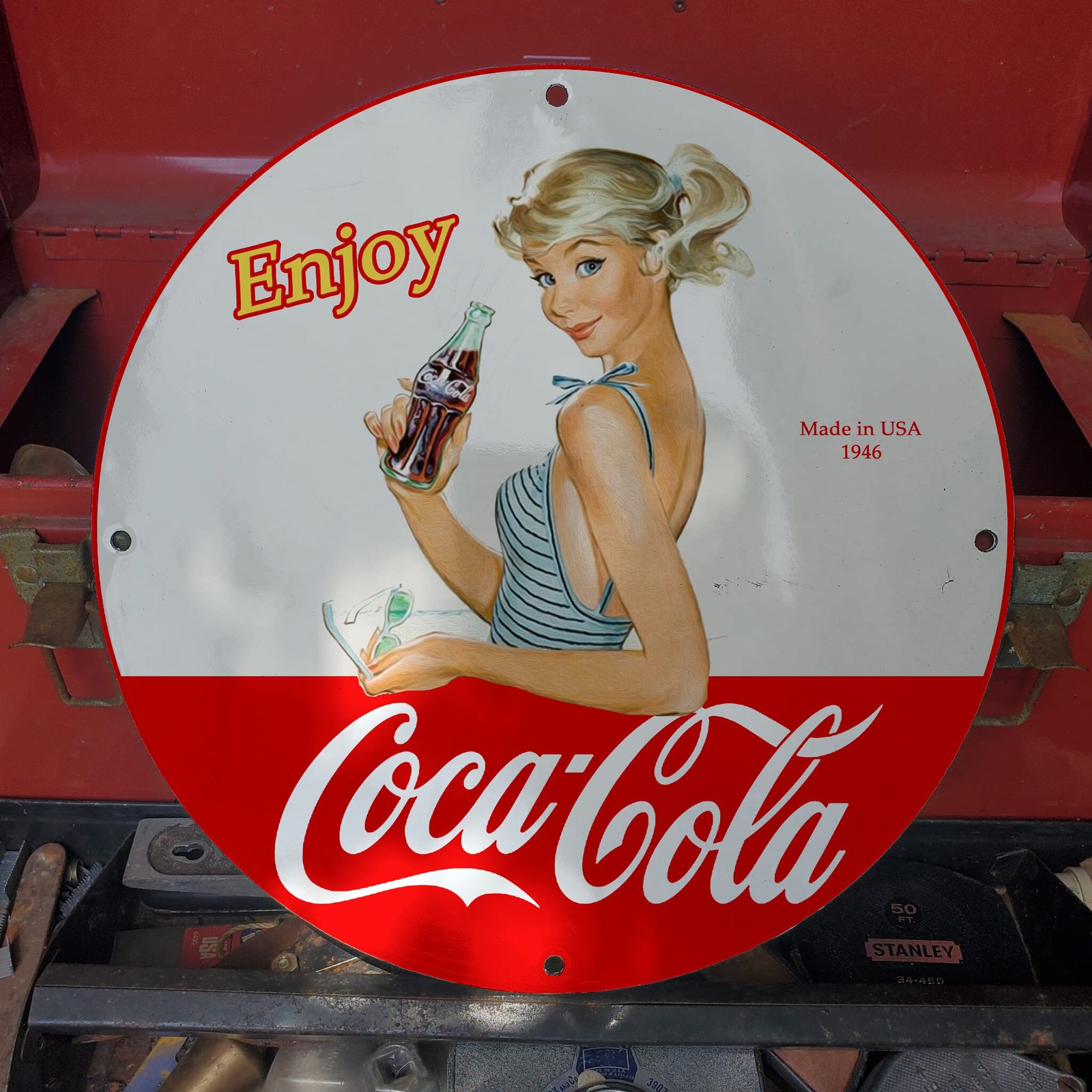 Vintage 1946 Coca-Cola Carbonated Sparkling Soft Drink Porcelain Gas & Oil Sign - £98.32 GBP