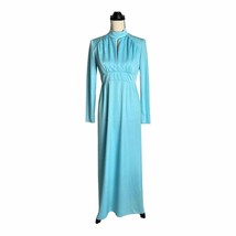 Vintage 1970s Union Label Knit High Collar Blue Keyhole Maxi Dress Size S - £75.64 GBP