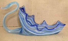 Elegant Hand Blown Art Glass Blue Swirl Swan Candy Dish Bowl - $39.60
