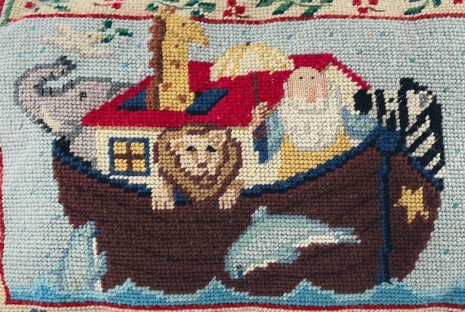 Noah's Ark Cross Stitch Pillow Handmade Needlepoint 9 x 14 in. Bible Story Item image 2