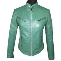 Green Fashionable Women Leather Jacket With Tab Collar Front Zipper Slim... - $137.19