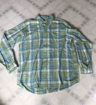 LL BEAN Green WHITE Blue Plaid All COTTON LONG-SLEEVE SHIRT MENS Medium - $26.89